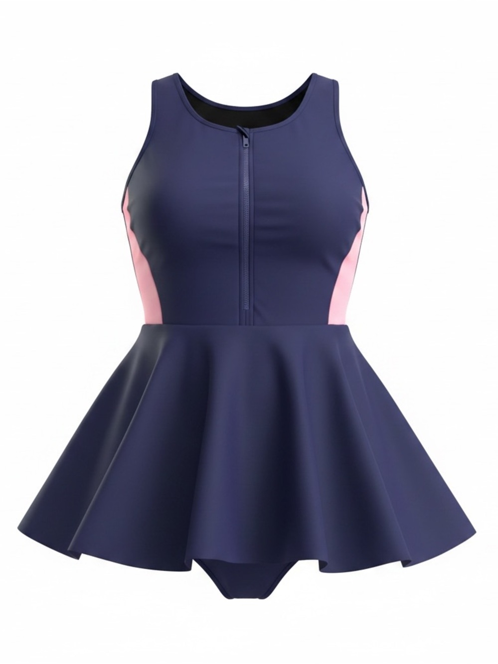 Women’s Navy Blue Swim Dress One-Piece Zip Front Skirted Swimsuit